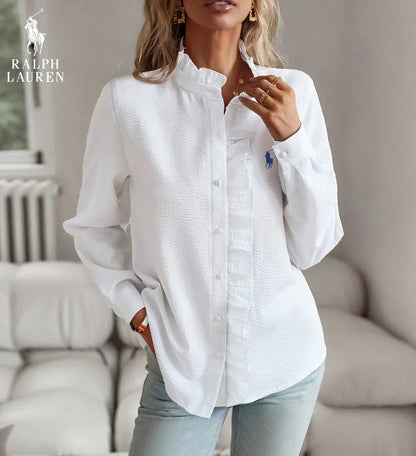R. Ꮮаᴜгеn Ruffled Button-Up Shirt – Soft Textured Fit