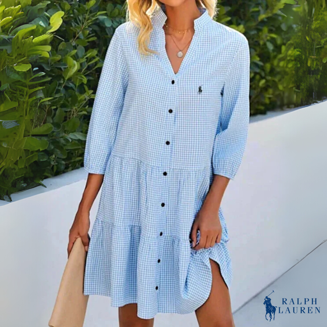 Summer Chemise Gingham V-Neck Button Down Dress by R. Ꮮаᴜгеn + Free R. Ꮮаᴜгеn Sun Hat