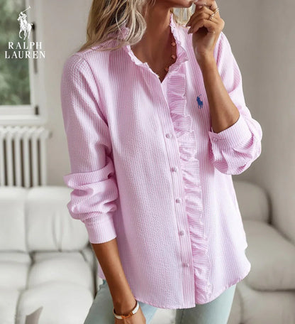 R. Ꮮаᴜгеn Ruffled Button-Up Shirt – Soft Textured Fit